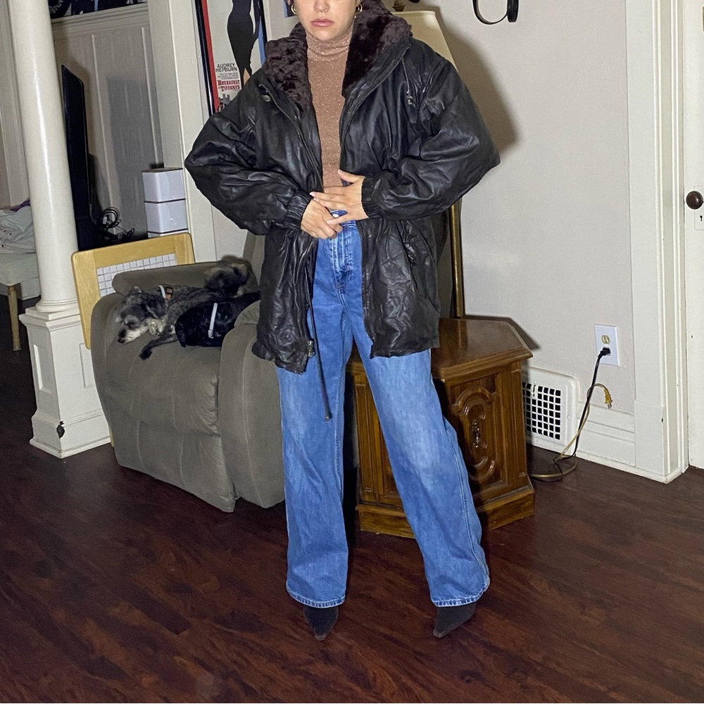 Vintage 90s grunge Brown faux leather oversized bomber jacket with faux fur hood